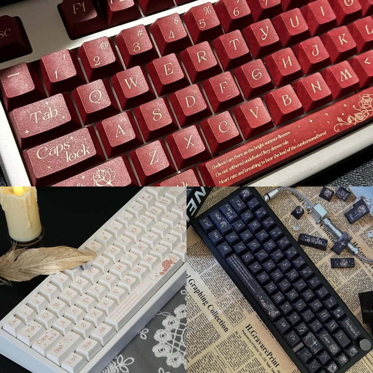 Exquisite Rose Keycap Set with elegant dye-sub PBT floral design. Detailed rose illustrations evoke a sophisticated garden aesthetic.