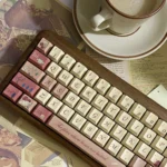 Romantic Rose Letter PBT Dye-sub Keycap Set. Views highlight delicate rose motifs, elegant script, soft vintage colors, and multiple angles.