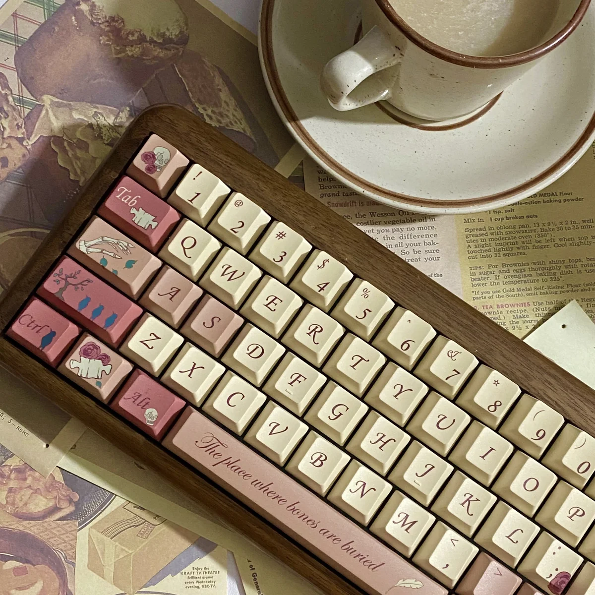 Romantic Rose Letter PBT Dye-sub Keycap Set. Views highlight delicate rose motifs, elegant script, soft vintage colors, and multiple angles.