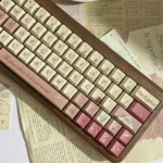 Romantic Rose Letter PBT Dye-sub Keycaps set. Multi-angle view of delicate rose, elegant script, and vintage colors for artistic keyboards.