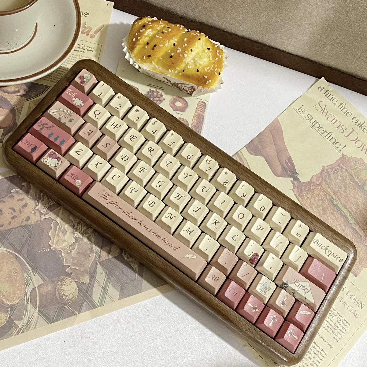 Romantic Rose Letter PBT Dye-sub Keycap Set, showcasing delicate rose motifs and elegant script in soft, vintage-inspired colors.