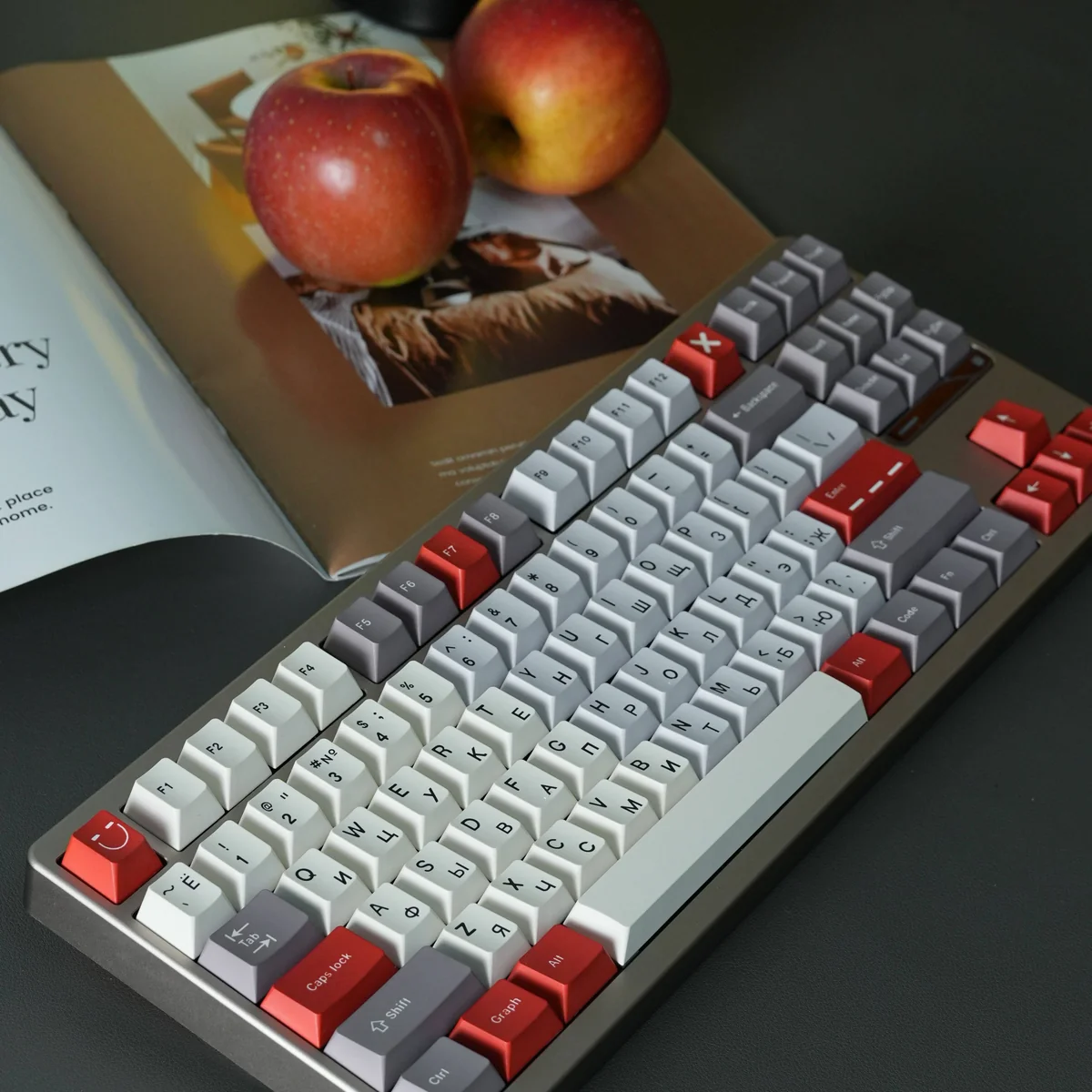 Multiple angles of Classic Russian PBT Keycaps Set, highlighting durable PBT and crisp dye-sub legends. Muted grey tones embody a sophisticated, robust design.