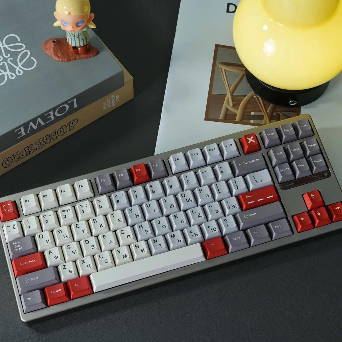 Premium Russian PBT keycaps set, Cherry profile, in muted grey, showcasing durable dye-sublimated legends for a robust, sophisticated keyboard.