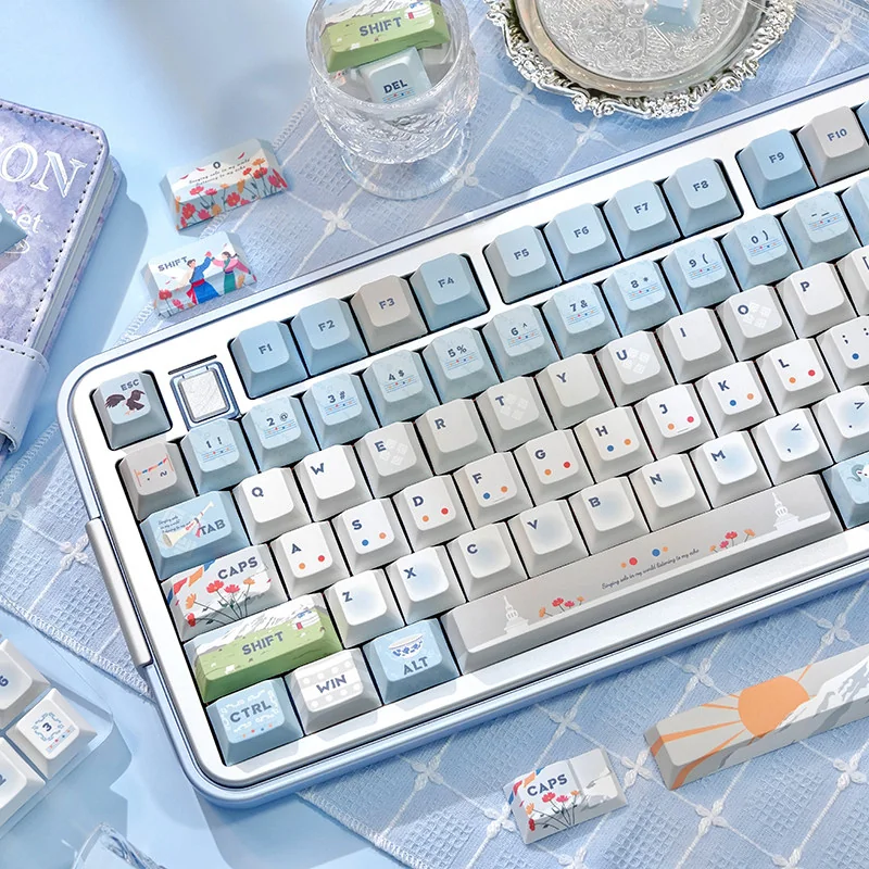 Sacred Mountain PBT keycaps set showcasing intricate mountain art and ethereal clouds from multiple angles, highlighting their serene, spiritual design.