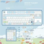 Angled view of a Sacred Mountain PBT keycap set, highlighting the durable material and intricate serene art of a cloud-kissed peak.