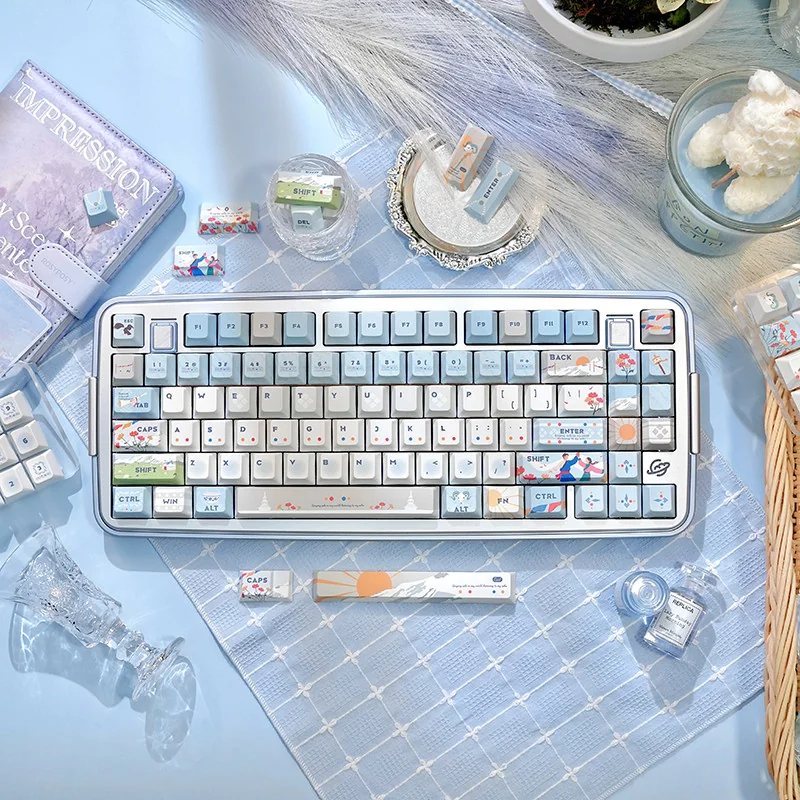 Sacred Mountain Keycaps Set, showcasing distinctive, serene mountain art and ethereal clouds on durable PBT, for an artistic keyboard experience.