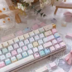 Detailed shot of the complete 130-key PBT Dye-Sub Sailor Moon Keycaps set, revealing playful iconic characters and vibrant magical motifs.