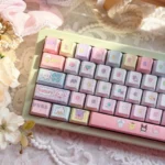 Joyful Sanrio PBT dye-sub keycaps set, showing a vibrant array of iconic characters from a unique angle. Adorable and high-quality for any kawaii keyboard.