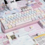 A playful collection of Sanrio PBT keycaps set from different angles, showcasing the vibrant and iconic characters for a charming keyboard set.
