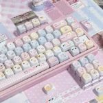 Close-up views of the charming Sanrio PBT keycaps set, showcasing vibrant characters from multiple angles. Perfect for a playful keyboard.
