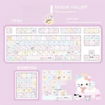 A playful collection of Sanrio PBT keycaps set from different angles, showcasing vibrant characters and the iconic design.