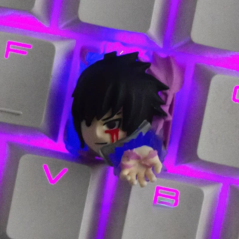 Exclusive Naruto Sasuke backlit resin ESC keycap, artfully displayed from various angles, highlighting iconic character details and translucent glow.