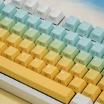 Ergonomic Shallow Dream Keycaps PBT set, featuring ethereal pastel sky and cloud motifs. Multiple views emphasize its durable quality and tranquil design.