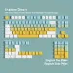Shallow Dream PBT keycaps set with English legends, showcasing an ethereal sky and cloud motif in soft pastels. Ergonomic and durable, for a tranquil.