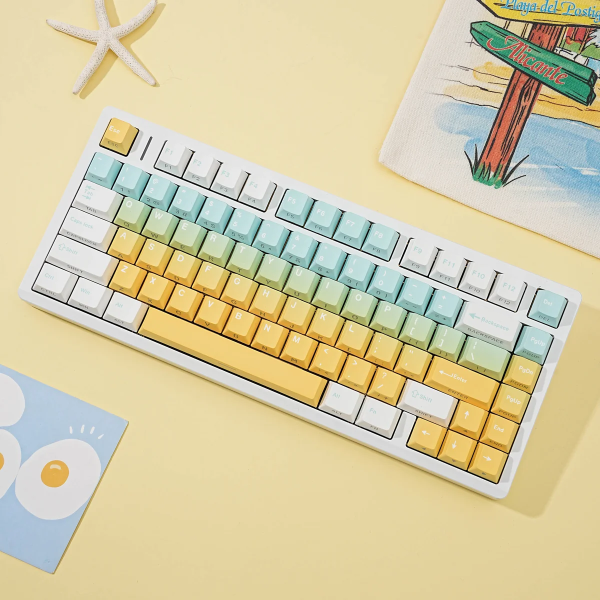 Shallow Dream Keycaps Set: Ergonomic PBT keycap set showcasing ethereal sky and cloud motifs in soft pastels for a tranquil, dreamy aesthetic.