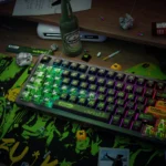 Gallery showcasing Shameless Cherry Keycap Set from various artistic angles, emphasizing clean tops and side-illuminated legends.