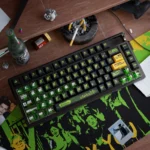 Views of Shameless Cherry Keycap Set, showing minimalist tops and unique, illuminated side legends from various artistic perspectives.
