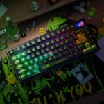 Shameless Cherry Keycap Set on a keyboard, showcasing clean minimalist tops with illuminated legends radiating an artistic inner light.