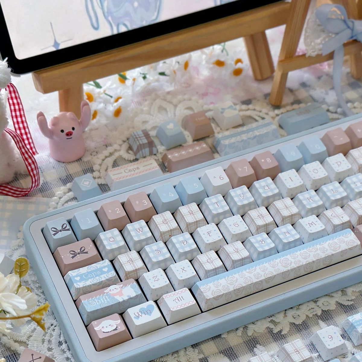 Adorable Sheep PBT Keycaps Set, Cozy Charm Set, shown from various angles. Highlights whimsical design, soft pastel colors, durable PBT, and crisp dye-sub design.