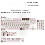 Detailed view of the adorable pink Siamese cat PBT keycap set, highlighting its whimsical illustration and durable PBT surface with vibrant, playful charm.