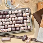 A delightful collection of images showcasing the adorable Siamese Cat MOG Profile Keycap Set, with playful cat motifs and soft, warm colors from various.