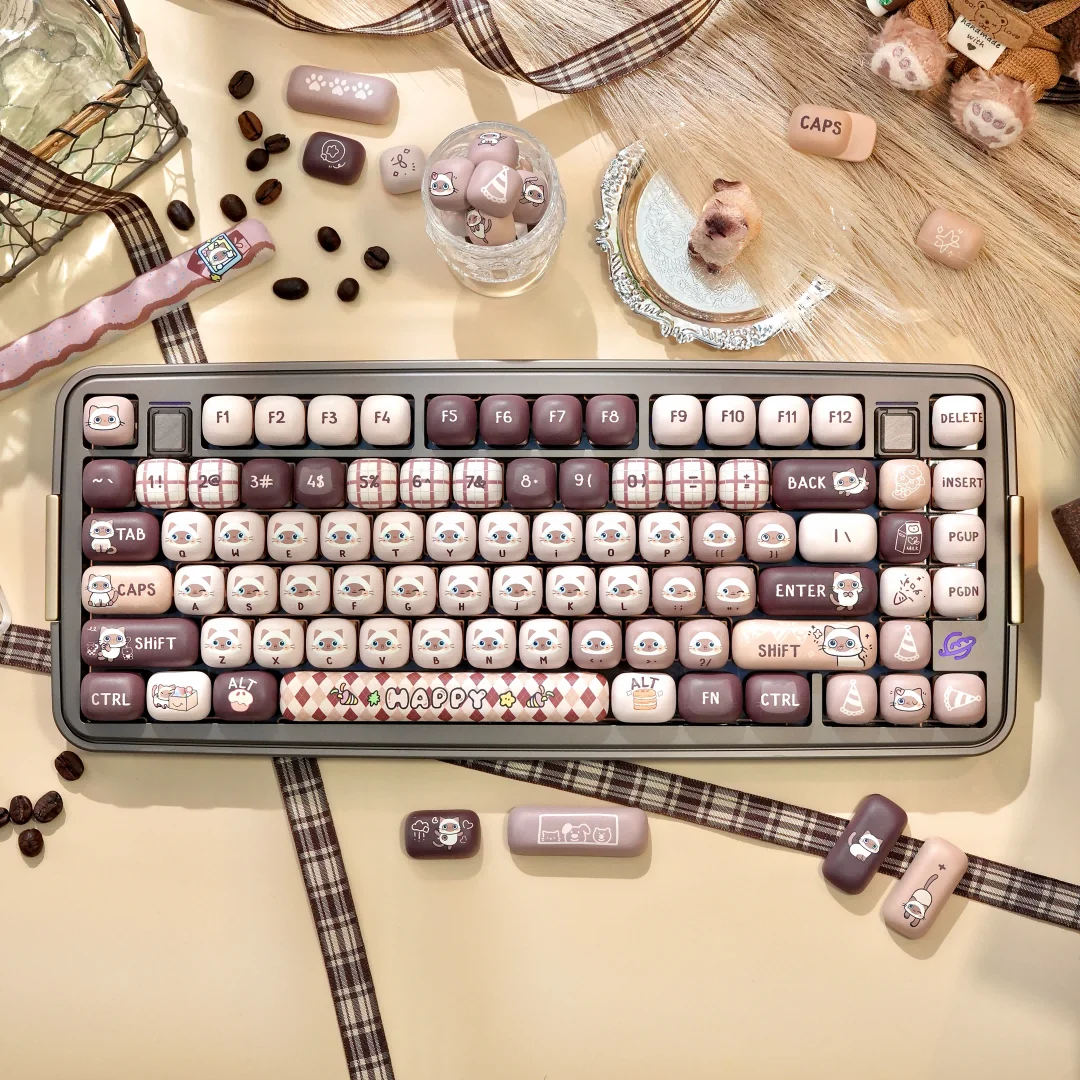 Adorable Siamese Cat MOG Keycap Set showcasing charming feline designs, soft aesthetics, and warm, inviting colors, perfect for a playful keyboard.