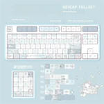 Charming Sleepy Sheep PBT keycaps set, close-up details revealing soft pastel colors, adorable sheep motifs, and premium texture for cozy keyboards.