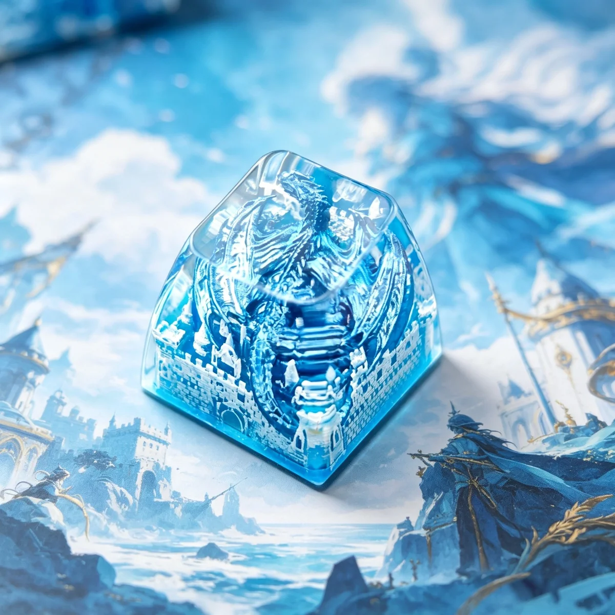 Close-up of the handcrafted Smaug dragon resin keycap from a unique angle, highlighting the mythical creature's detailed artistry and epic fantasy style.