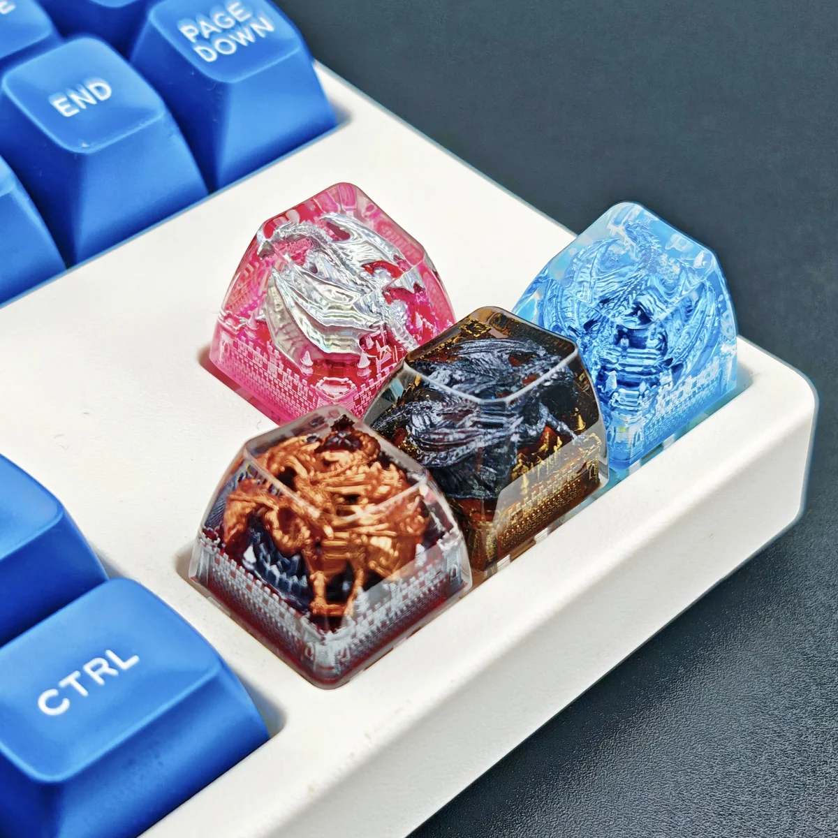 Close-up of an exquisite artisan Smaug dragon resin keycap, highlighting intricate fantasy details and epic mythical craftsmanship.