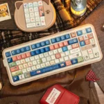 Close-up of the whimsical Snow White PBT MOA keycap set, showcasing various dye-sublimated keys from a different angle with pastel storybook characters.