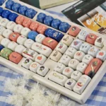 Whimsical Snow White PBT MOA keycap set, shown from a different angle. Highlights the pastel, dye-sublimated characters and storybook aesthetic.