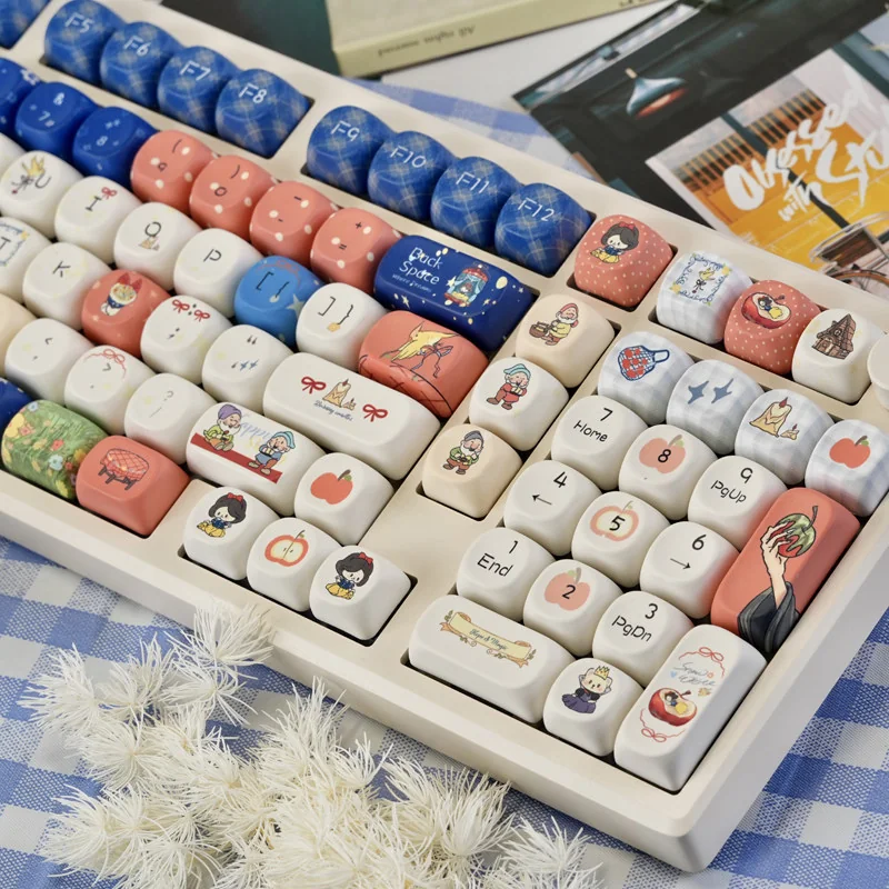 Whimsical Snow White PBT MOA keycap set, shown from a different angle. Highlights the pastel, dye-sublimated characters and storybook aesthetic.