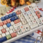 Whimsical Snow White Dye-Sub PBT keycap set, showcasing a pastel storybook aesthetic with iconic characters and elements, viewed from a captivating artistic angles.