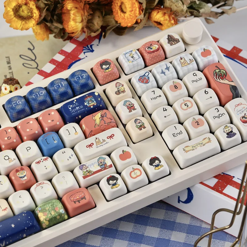 Whimsical Snow White Dye-Sub PBT keycap set, showcasing a pastel storybook aesthetic with iconic characters and elements, viewed from a captivating artistic angles.