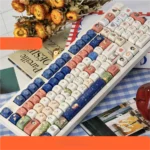 Whimsical Snow White PBT MOA keycaps set with pastel dye-sub designs of iconic characters and fairy tale elements. Artistic angles highlight the set's unique design.