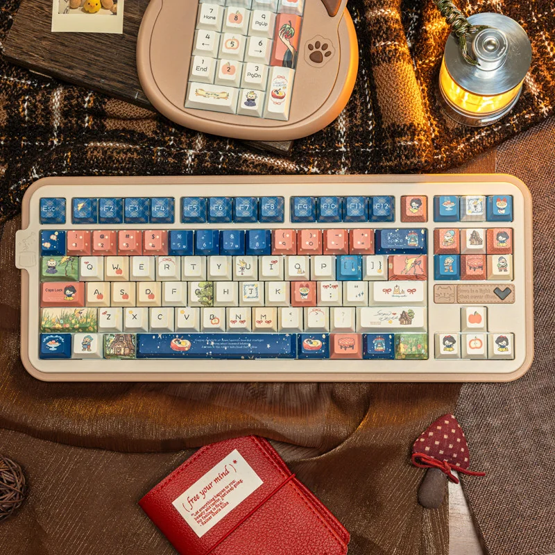 Whimsical Snow White keycaps set, featuring pastel storybook art of iconic characters and charming elements, offering a magical keyboard aesthetic.