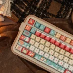 Cozy Snowy Christmas PBT Keycaps Set gallery, showcasing fluffy textures and festive winter wonderland motifs from various artistic angles.