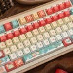 Festive Christmas PBT Keycaps Set, multiple angles revealing cozy snowy textures and intricate holiday motifs for a winter wonderland desk.
