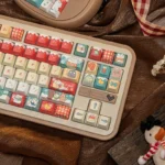 A collection of Cozy Snowy Christmas PBT keycaps set, showcasing different artistic angles and festive designs for a winter wonderland desk setup.