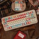 Cozy Snowy Christmas Keycaps set, artistically presented from various angles, highlighting festive PBT texture and winter wonderland motifs for a festive theme.