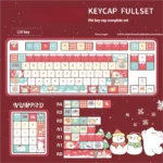 A collection of Cozy Snowy Christmas PBT Keycaps Set from various angles, showcasing the festive winter wonderland design with fluffy textures.