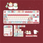 Close-up of the snowy fluffy keycaps set, a tactile and festive Christmas PBT set, nestled in its box, perfect for a cozy winter wonderland desk.