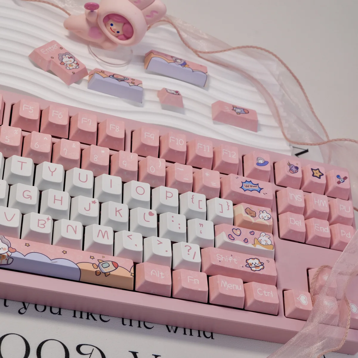 Unique Playful Space Rabbit PBT Dye-sub keycap set displayed from various angles, featuring whimsical space rabbits, stars, and planets in a pastel creative.