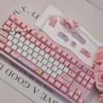 Unique Space Rabbit PBT Dye-sub Keycap Set featuring cute space rabbits exploring pastel cosmic landscapes with stars and planets.