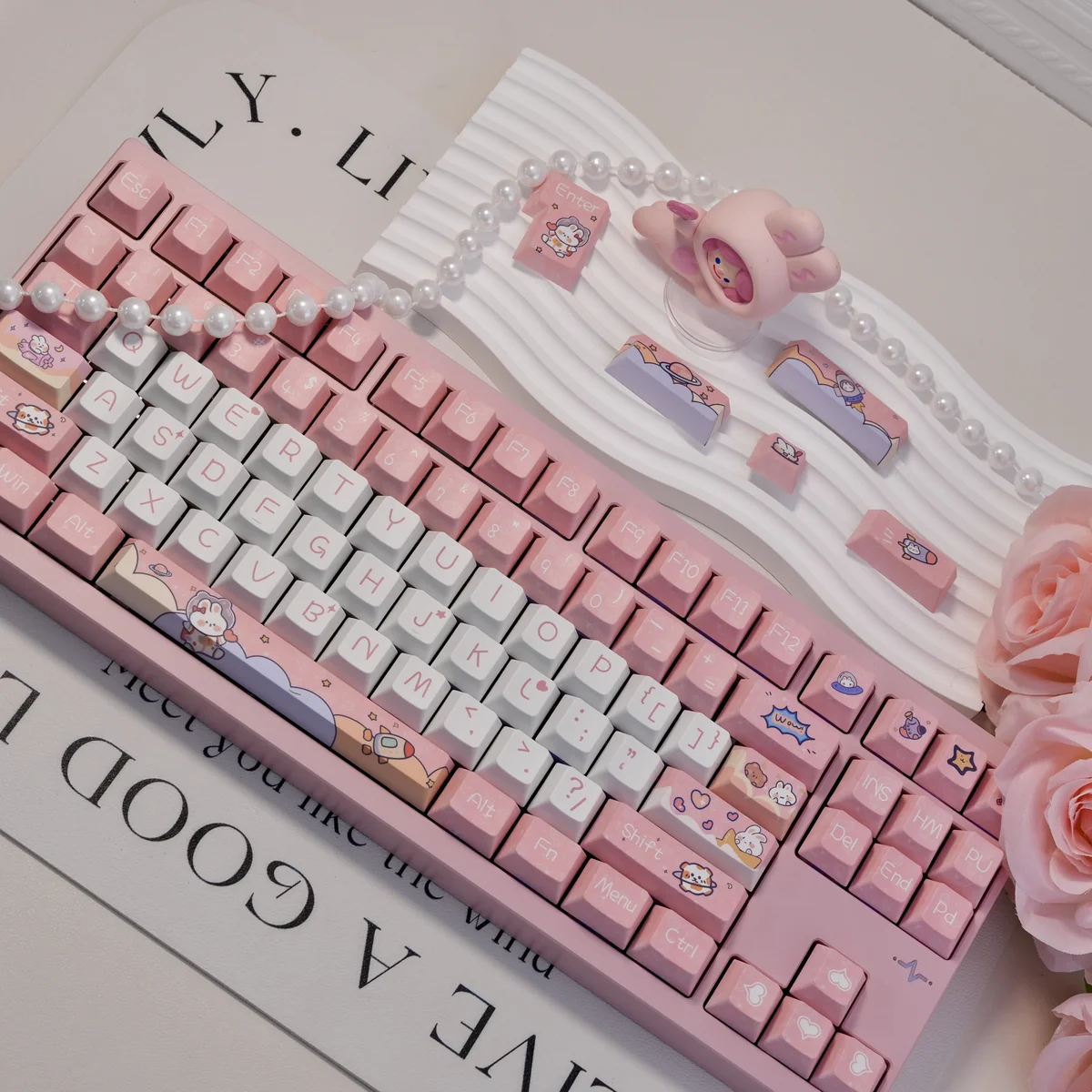 Unique Space Rabbit PBT Dye-sub Keycap Set featuring cute space rabbits exploring pastel cosmic landscapes with stars and planets.