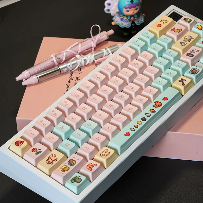 Stardew Valley Keycaps Set featuring nostalgic pixel art of charming characters and vibrant landscapes on a durable PBT Cherry profile.