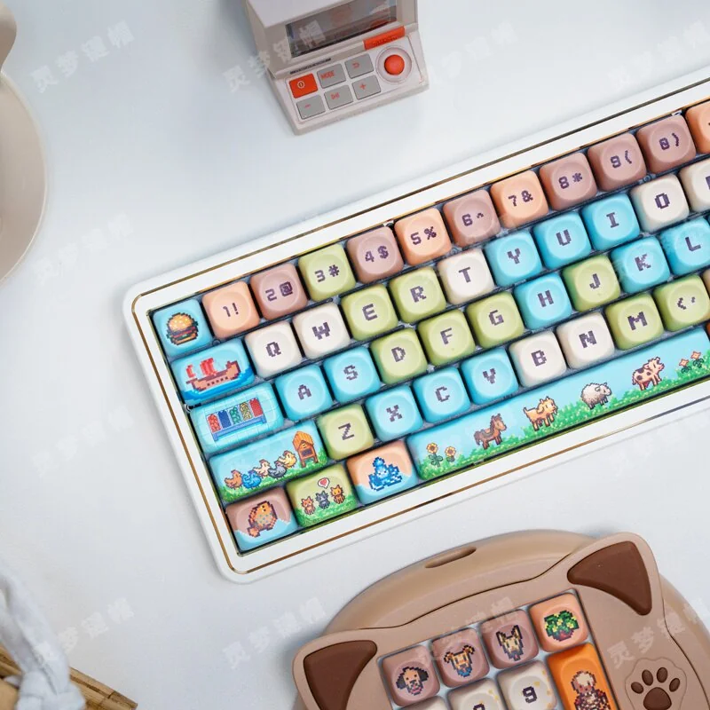 A charming close-up of Stardew Valley pixel art PBT MOA keycaps set, showcasing vibrant, whimsical game characters and rustic elements, perfect for mechanical keyboard.