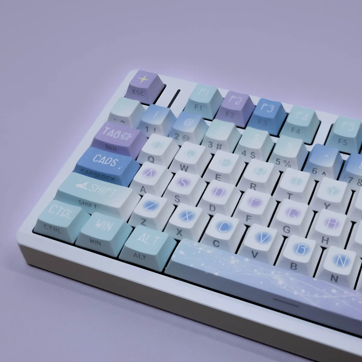 Starlight PBT Keycaps Set gallery: multiple angles of durable PBT, captivating cosmic design. Experience ergonomic comfort and luminous deep space aesthetics.