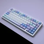 Starlight PBT keycaps set product gallery showcasing durable PBT, captivating cosmic design with luminous legends, and ergonomic comfort from various angles.