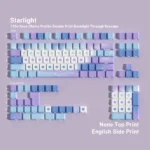 Starlight PBT keycaps set gallery from various angles, showcasing durable PBT material, captivating cosmic wonder design, luminous legends, and ergonomic setup.